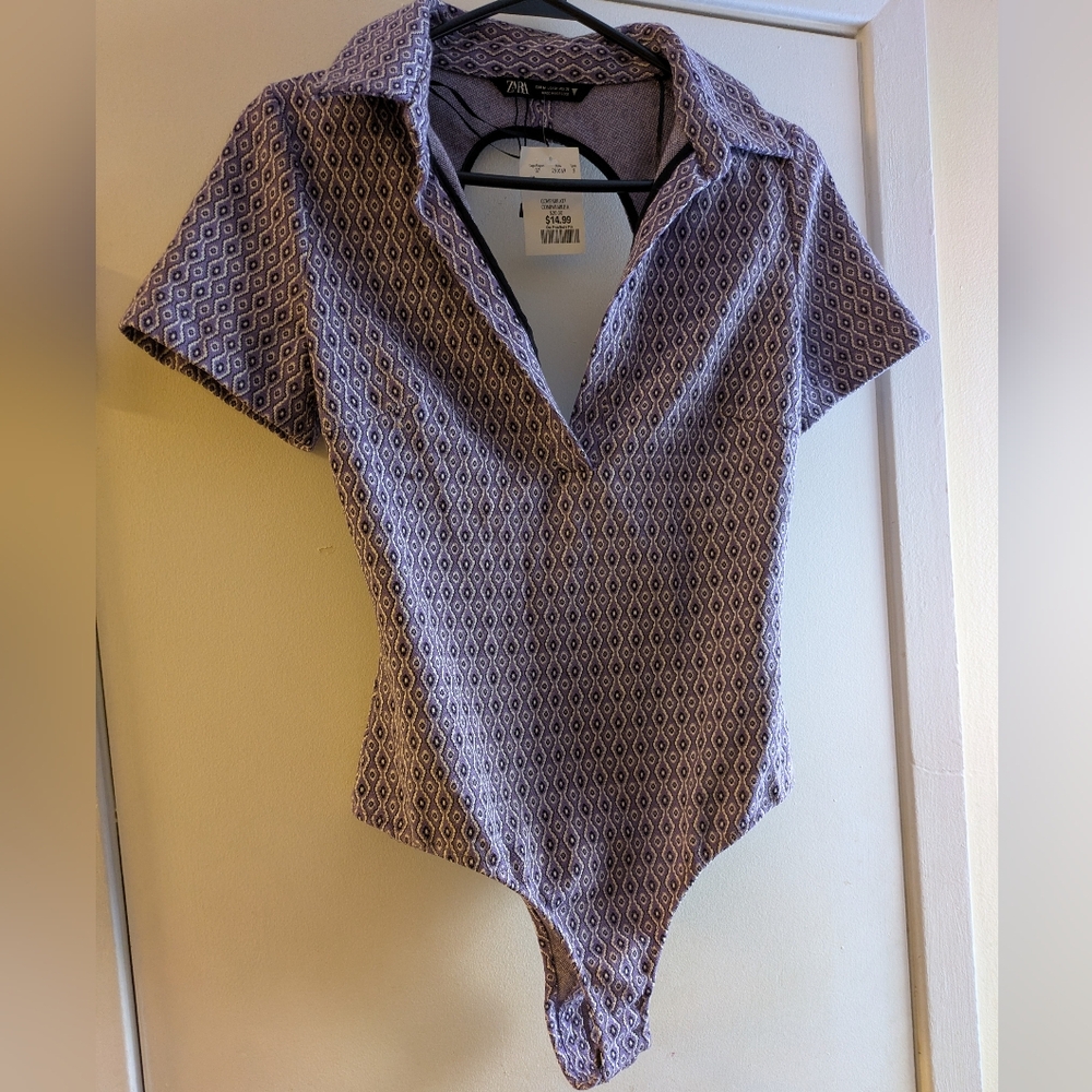 Zara Women's Purple Geometric Patterned Bodysuit. US M